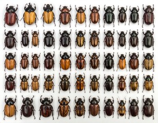 Array of scarab beetles with glossy shells, varying in color and size, arranged on white