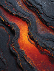 Liquid lava flow close-up, hot molten magma texture with black volcanic rock, glowing fiery cracks, dramatic earth surface pattern, seamless geology background, natural energy heat design, volcanic er
