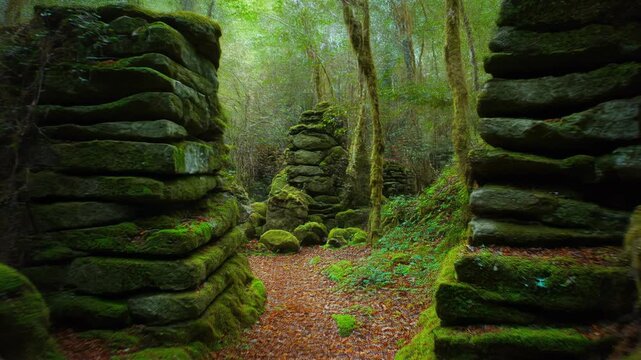 Ethereal view of a narrow passage between ancient, moss-covered stone walls in a secluded, mystical forest