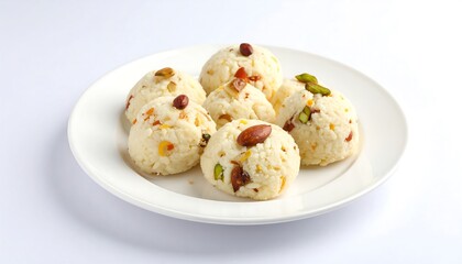 Delicious Indian Sweet Peda Garnished with Nuts on White Plate.
