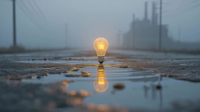 静かな霧の地面に明かりを灯す電球の輝き描写