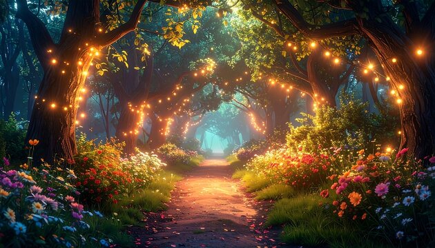 Enchanted Forest Path with Glowing Lights and Colorful Flowers.
