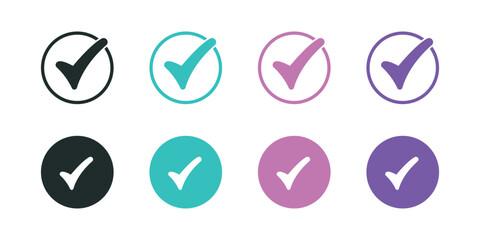 Round Check Mark Icon Set: Minimal Circle Tick Symbols, UI/UX Vector, Solid and Outline Style, Teal, Pink, Purple