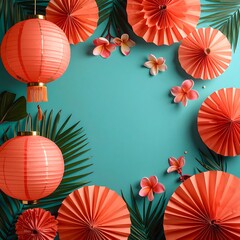 Festive Coral Paper Lanterns and Decorations on Teal Background.