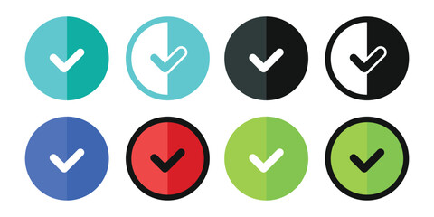 Flat Design Check Mark Icon Set: Long Shadow Tick Symbols, Completion, Status, Verification Vector, Modern UI/UX