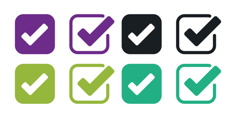 Rounded Square Check Mark Icon Set: Tick, Confirm, Done, Approval, Button Vector for App UI/UX, Green, Purple, Orange Colors