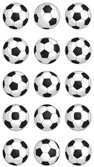Array of soccer balls, each with black pentagons and white hexagons. Game elements clustered