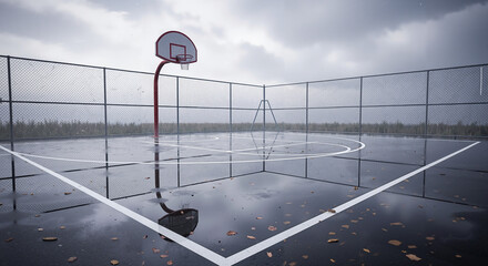 Empty basketball court under rain for sports and mood concepts
