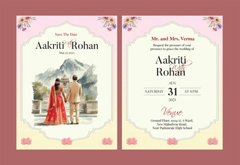Romantic indian wedding save the date invitation with couple on swing