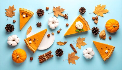 Festive Thanksgiving Pumpkin Pie Slices with Autumnal Decorations.