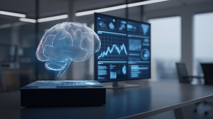ai brain hologram above marketing analytics dashboard, futuristic office scene