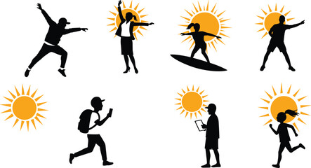 Black and White Silhouette Vector Illustrations of Energetic People in Outdoor Activities with Sunlight and Dynamic Poses