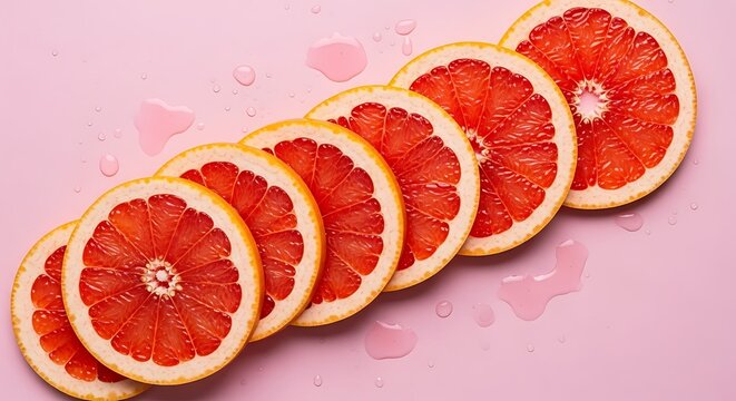 Sliced red grapefruits arranged diagonally with pink liquid droplets on a pastel pink background citrus