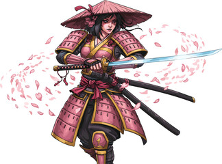 Female Samurai Warrior in Pink and Gold Armor Holding Glowing Katana Surrounded by Cherry Blossom Petals