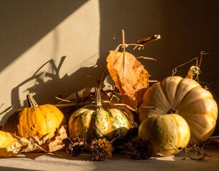 Autumnal Still Life - Pumpkins and Sunlight in a Warm Setting.