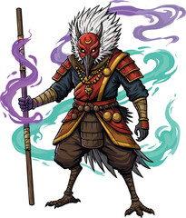 Mystical avian warrior with red mask, crescent moon symbol, magical staff, and swirling green-purple energy in fantasy armor