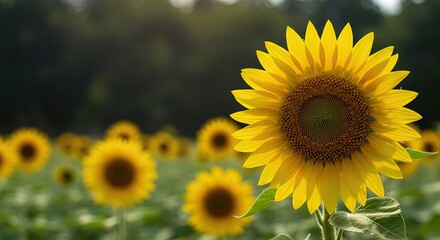 Obraz premium A radiant, golden sunflower stands tall and vibrant under natural light, showcasing its intricate petals and developing seeds within a sunny natural setting ,farm ,agriculture ,green