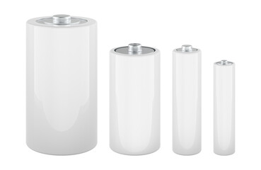 Blank Batteries Mockup, different types and sizes. 3D rendering