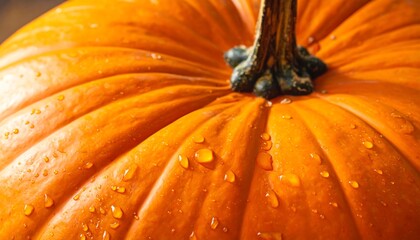 Close-up of a Vibrant Orange Pumpkin with Water Droplets.