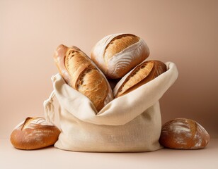a light beige fabric sack overflowing with six artisan loaves of crusty bread against a muted beige background