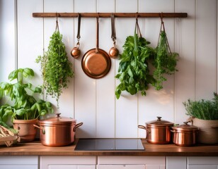 rustic kitchen interior design with herbs and copper pots hanging