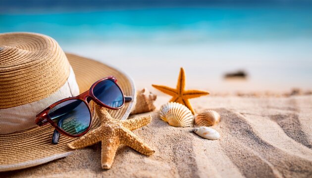 beach essentials starfish seashells sunglasses and straw hat on sand
