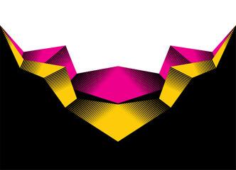 Divided Vector background for ads, advertising, packaging, wall decor, video. Design element with broken striped edge. Rock, crystal, crack. Place for text. Abstract arrow. Black, yellow, purple, whis