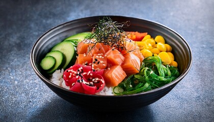 poke bowl with salmon and colorful vegetables gourmet style concept of healthy fusion cuisine