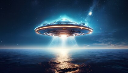Obraz premium futuristic flying saucer hovers above a dark ocean illuminated by a bright beam of light surrounded by a starry night sky creating an otherworldly atmosphere and mystery