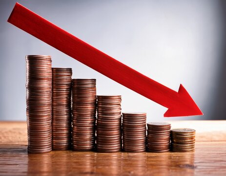 red arrow pointing down over decreasing stacks of coins symbolizing financial loss