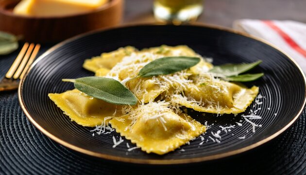 ravioli pasta with butter sage and grated cheese being served on a plate