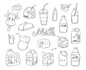 Milk products doodles, monochrome cartoon dairy products collection for coloring pages, clipart, stickers, signs, product decor, social media visuals, etc. EPS 10