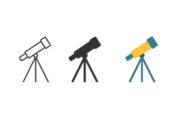 Minimalist Tripod Styles. Minimalist telescope tripod icon: three identical tripod stands in a row, first in line style with thin