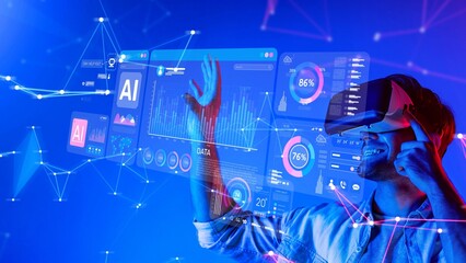 A young man experiences the future of technology through a virtual reality headset while interacting with advanced data visualization and analytics in a dynamic setting. Raster