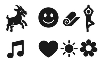 Fototapeta premium Joyful Exercise Icons. Solid style icons of Joyful Exercise: Jumping Goat, Smile, Mat, Pose, Music Note, Heart, Sun, Flower, No