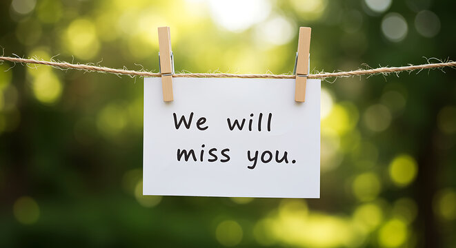 A note saying we will miss you hangs on a clothesline outdoors