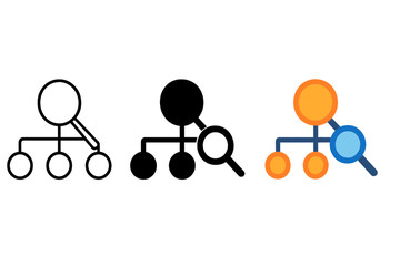 Network Scan Icons. Minimalist network scan icon: three identical network nodes with magnifying glass icons in a row, first in