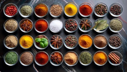 assorted spices and herbs displayed in small bowls on a dark marble surface