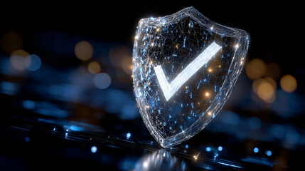 High-tech design of a radiant shield with white checkmark glowing through its translucent surface, small binary codes subtly floating in the dark background