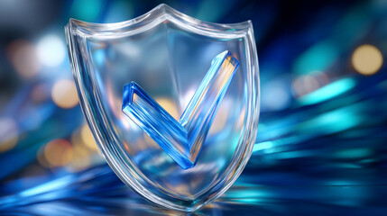Close-up of a luminous glass-like shield with inner reflections, blue and teal light gradients glowing around a bold checkmark, symbolizing cybersecurity
