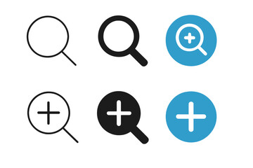 Diverse Magnifying Glass Icons. Linear minimalistic magnifying glass icon: simple circle with handle outline, uniform line