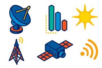 Deep Space Communication. sometric vector illustration set Deep Space Relay: Communication Dish, Data Stream, Distant Star,