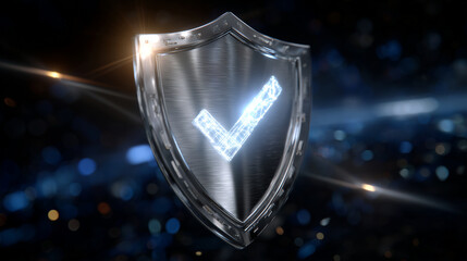 A sleek metallic shield with a luminous checkmark in its center, surrounded by soft halo lighting, evoking reliability and advanced digital protection