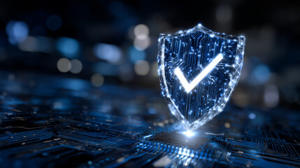 Conceptual digital art showing a floating illuminated shield with glowing circuitry patterns, centered checkmark shining bright against a dark blue matrix backdrop