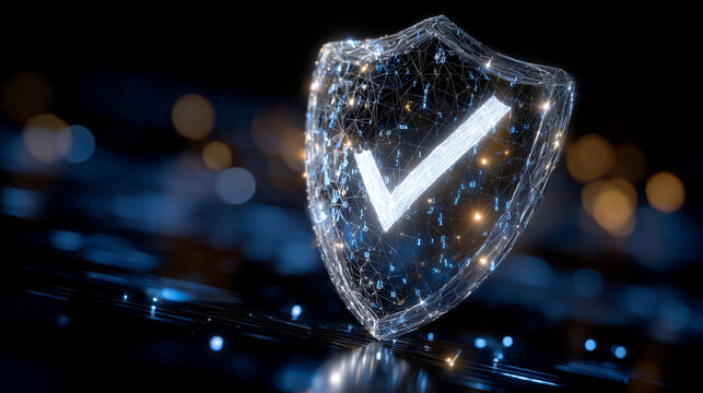 High-tech design of a radiant shield with white checkmark glowing through its translucent surface, small binary codes subtly floating in the dark background