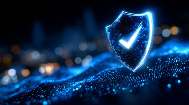 Abstract composition featuring a glowing shield with inner blue light and digital wave textures behind, checkmark symbolizing verified security and trust