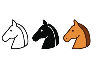 Varied Horse Icons. Minimalist horse icon: three identical horse heads in side view in a row, first in line style with thin