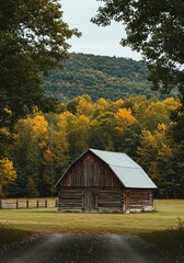 Obraz premium A rustic wooden barn stands peacefully at the edge of a dense, vibrant forest under a clear sky, blending natural beauty with rural charm ,blue sky ,forest ,agriculture