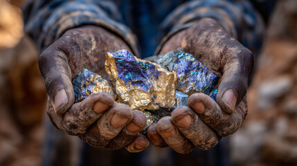 Close-up of hands presenting a rare metallic ore against earthy cave walls, metallic reflections and mineral textures highlighted under warm lighting