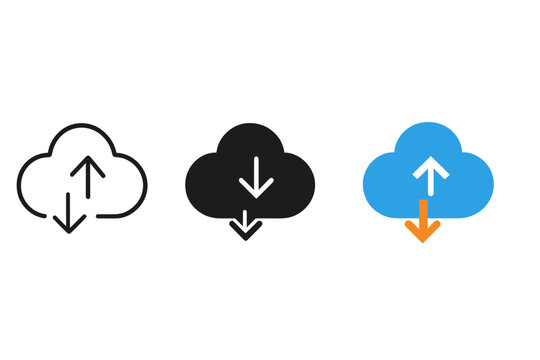File Sync Icons. Minimalist file syncing icon: three identical cloud with arrows icons in a row, first in line style with thin